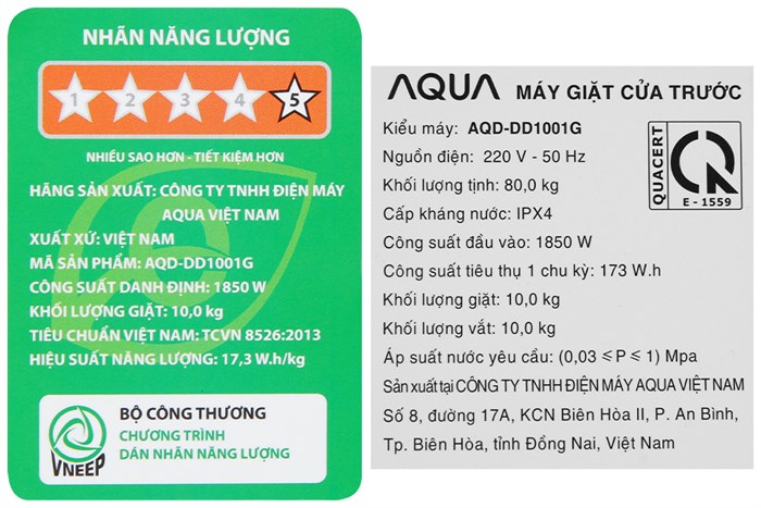 Máy giặt Aqua Lồng ngang Inverter 10 kg AQD- DD1001G PS